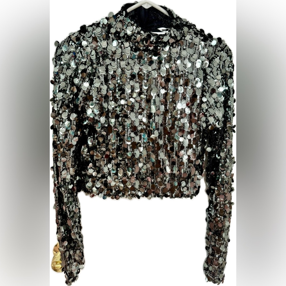 DKNY Sequin Black Long Sleeve Cropped Top
